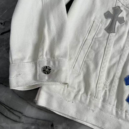 Chrome Hearts Inspired White Denim Jacket With Cross Patches