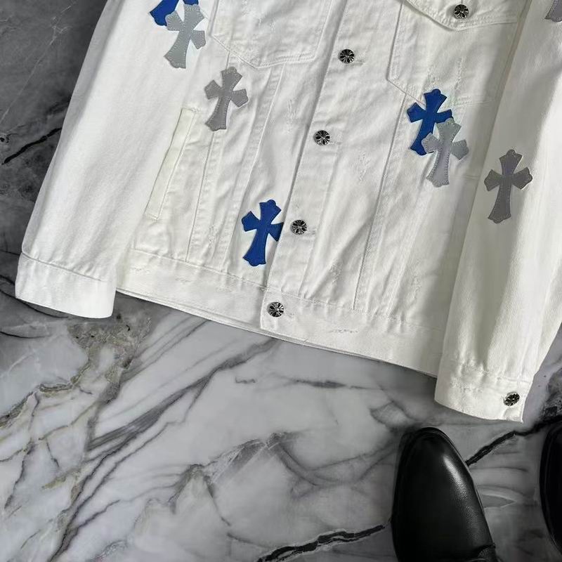 Chrome Hearts Inspired White Denim Jacket With Cross Patches