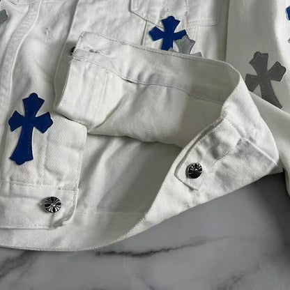 Chrome Hearts Inspired White Denim Jacket With Cross Patches