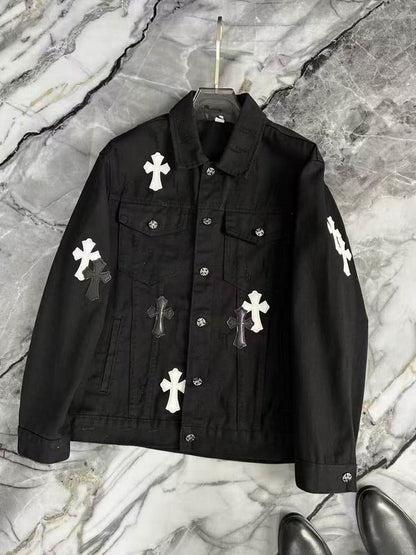 Chrome Hearts Inspired White Denim Jacket With Cross Patches