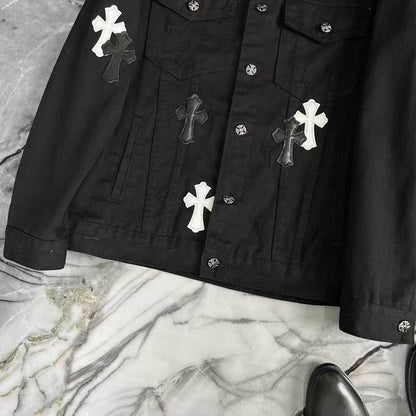 Chrome Hearts Inspired White Denim Jacket With Cross Patches