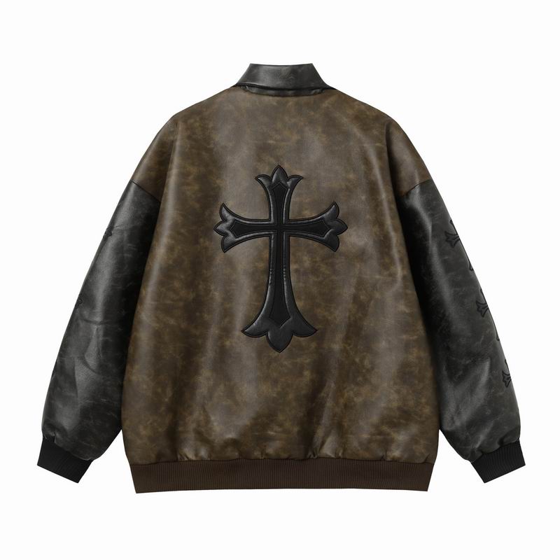 Chrome Hearts Inspired Brown Leather Jacket With Cross Emblem