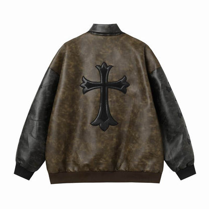 Chrome Hearts Inspired Brown Leather Jacket With Cross Emblem