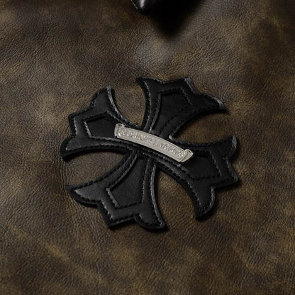 Chrome Hearts Inspired Brown Leather Jacket With Cross Emblem