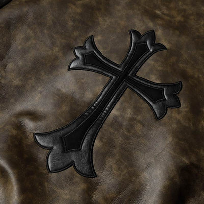 Chrome Hearts Inspired Brown Leather Jacket With Cross Emblem
