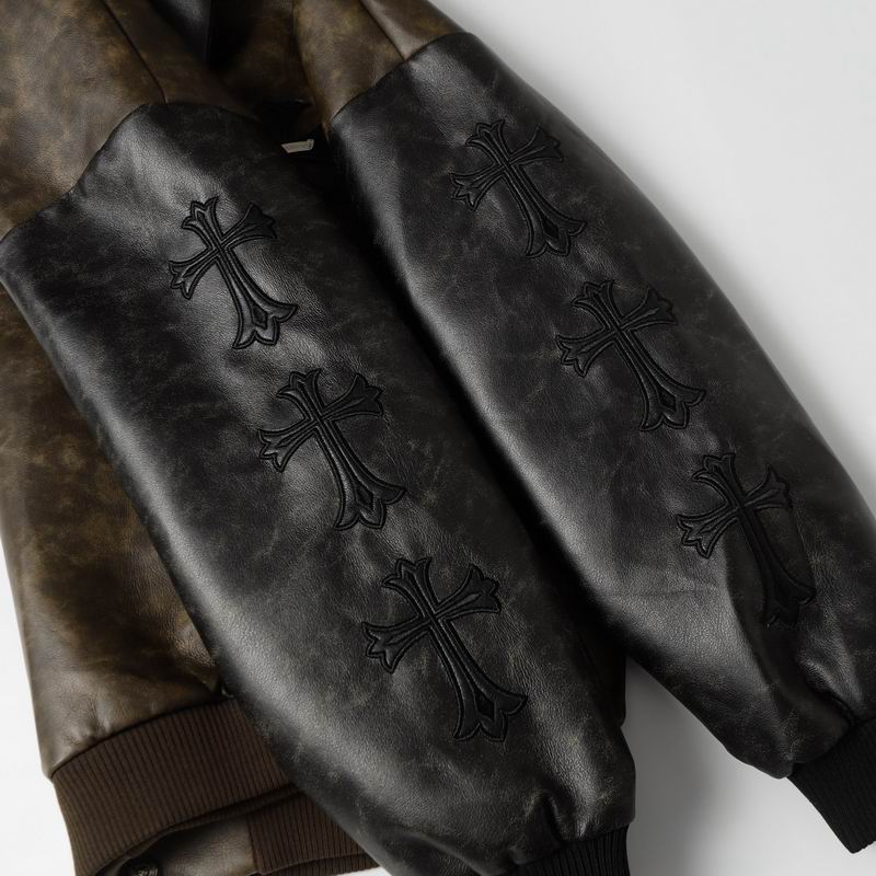 Chrome Hearts Inspired Brown Leather Jacket With Cross Emblem