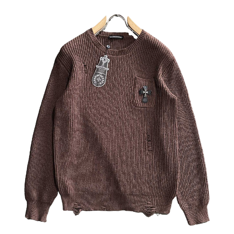 Chrome Hearts Style Brown Crew Neck Sweater With Distressed Details And Cross Emblem