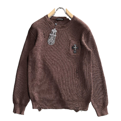 Chrome Hearts Style Brown Crew Neck Sweater With Distressed Details And Cross Emblem