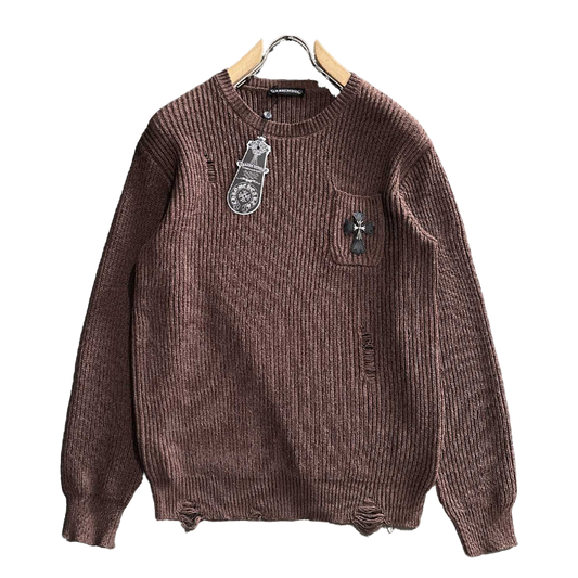 Chrome Hearts Style Brown Crew Neck Sweater With Distressed Details And Cross Emblem