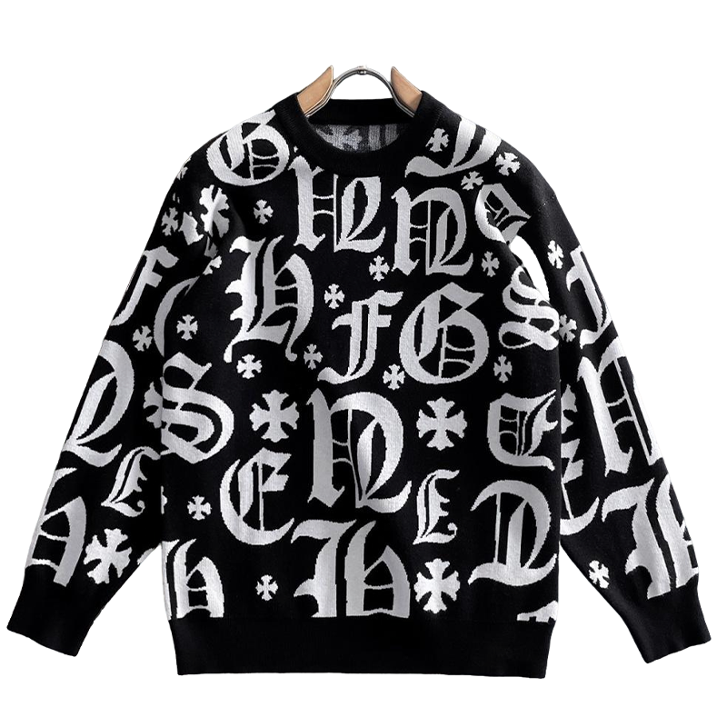 Chrome Hearts Style Black Crew Neck Sweater With Gothic Letter Print