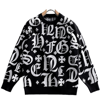 Chrome Hearts Style Black Crew Neck Sweater With Gothic Letter Print