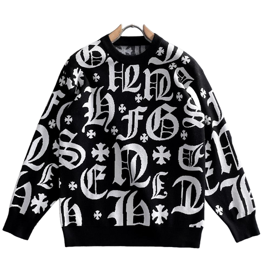 Chrome Hearts Style Black Crew Neck Sweater With Gothic Letter Print