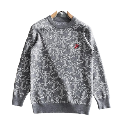 Chrome Hearts Style Grey Crew Neck Sweater With Cross Pattern And Tongue Emblem