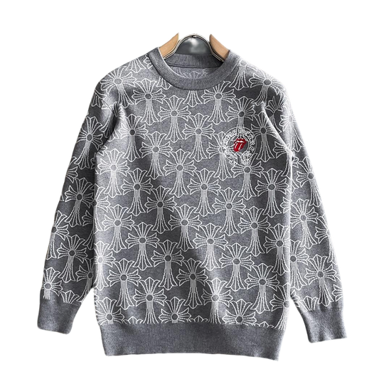 Chrome Hearts Style Grey Crew Neck Sweater With Cross Pattern And Tongue Emblem