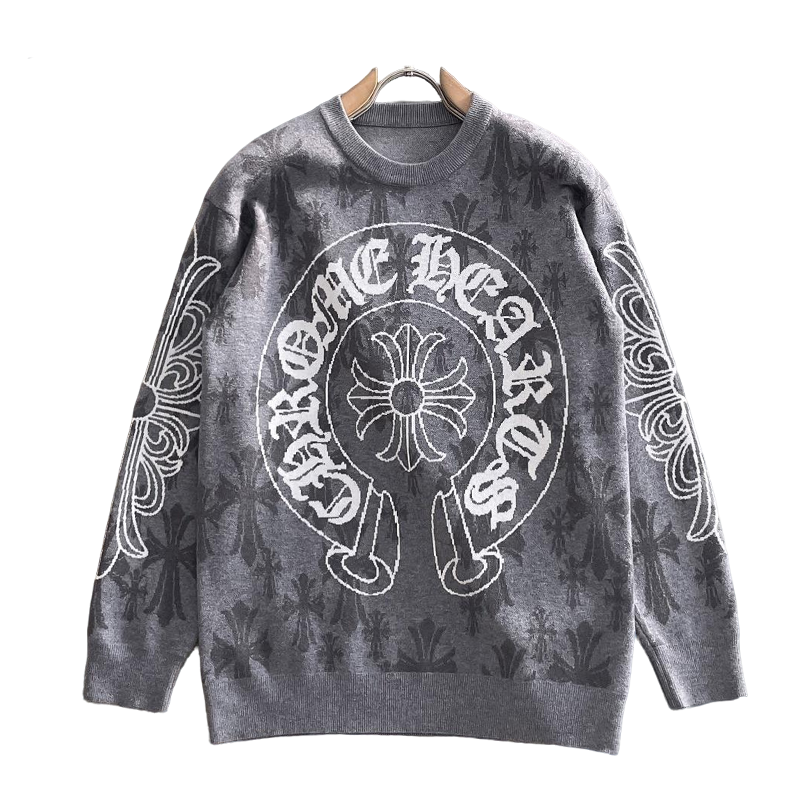 Chrome Hearts Style Grey Crew Neck Sweater With Cross And Logo Print