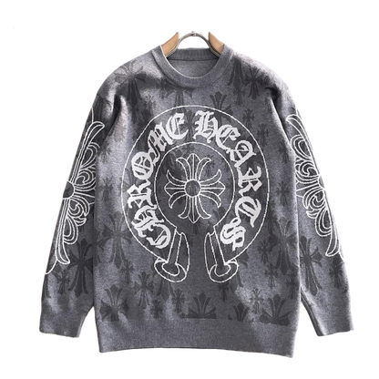 Chrome Hearts Style Grey Crew Neck Sweater With Cross And Logo Print