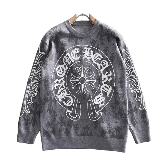 Chrome Hearts Style Grey Crew Neck Sweater With Cross And Logo Print
