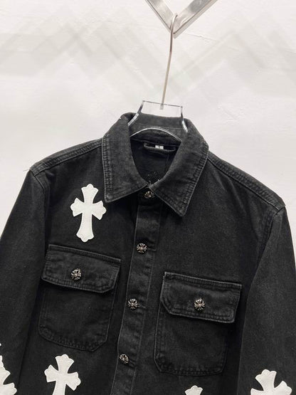 Chrome Hearts Inspired Black Denim Jacket with White Cross Patches