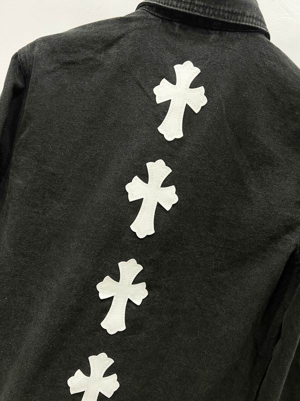 Chrome Hearts Inspired Black Denim Jacket with White Cross Patches