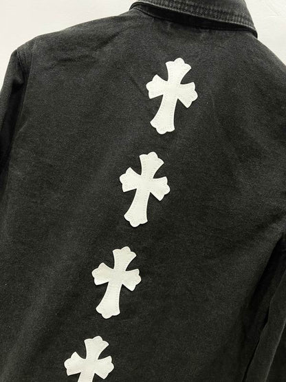 Chrome Hearts Inspired Black Denim Jacket with White Cross Patches
