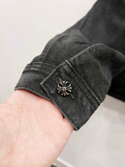 Chrome Hearts Inspired Black Denim Jacket with White Cross Patches