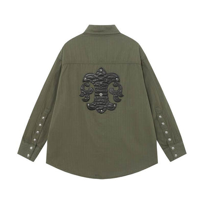 Chrome Hearts Style Olive Green Oversized Shirt Jacket with Pockets