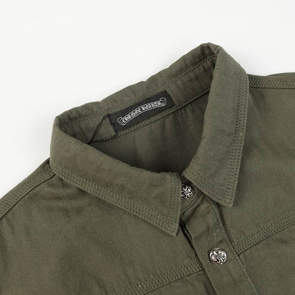 Chrome Hearts Style Olive Green Oversized Shirt Jacket with Pockets