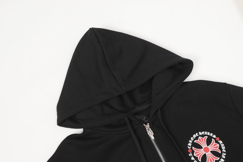 Chrome Hearts Inspired Black Zip Up Hoodie with Red Cross Motifs