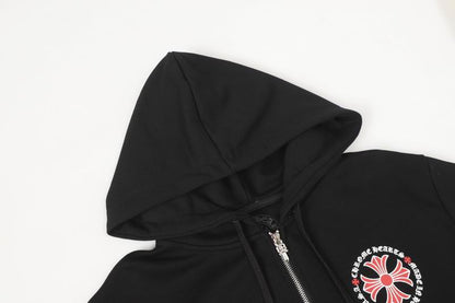 Chrome Hearts Inspired Black Zip Up Hoodie with Red Cross Motifs