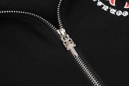 Chrome Hearts Inspired Black Zip Up Hoodie with Red Cross Motifs