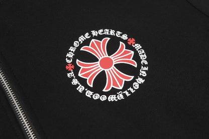 Chrome Hearts Inspired Black Zip Up Hoodie with Red Cross Motifs