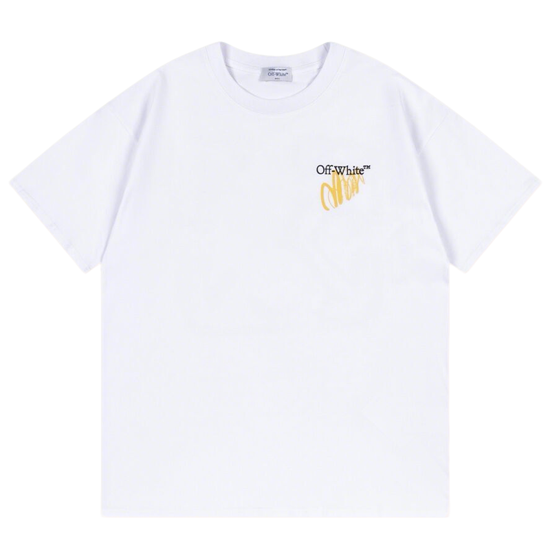 Off White White/Black T Shirt With Stylish Yellow Script Logo On Chest