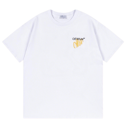 Off White White/Black T Shirt With Stylish Yellow Script Logo On Chest