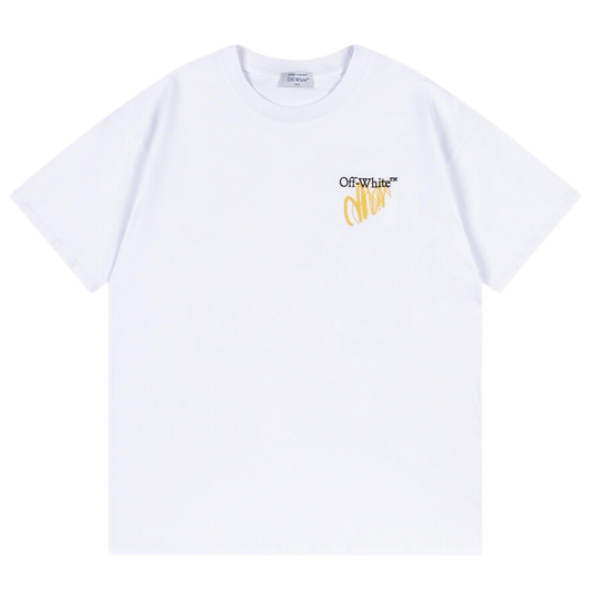 Off White White/Black T Shirt With Stylish Yellow Script Logo On Chest