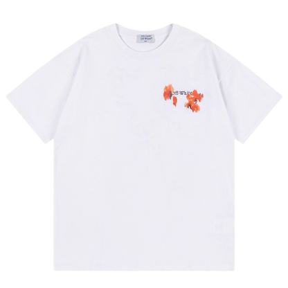 Off White White/Black T Shirt With Orange Floral Pattern And Brand Logo
