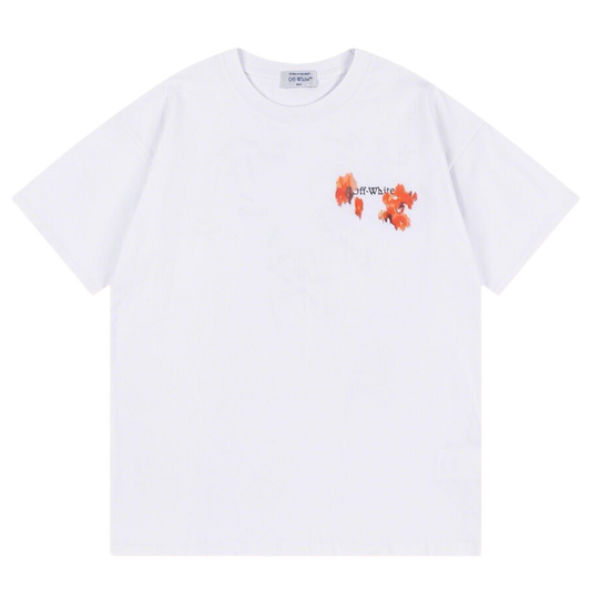 Off White White/Black T Shirt With Orange Floral Pattern And Brand Logo