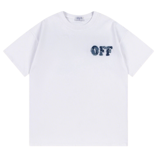 Off White White/Black T - Shirt With Distressed Blue "OFF" Logo On Chest