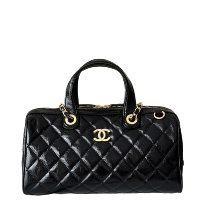 Chanel Maxi Black Patent Leather Quilted Bowling Bag With Gold Hardware And CC Logo 3355