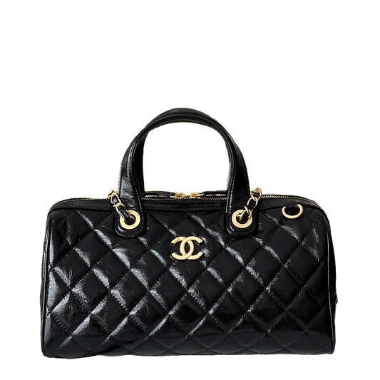 Chanel Maxi Black Patent Leather Quilted Bowling Bag With Gold Hardware And CC Logo 3355