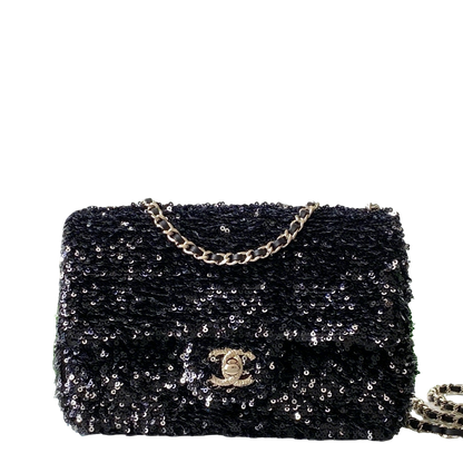 Chanel Black Sequin - Embellished Handbag With Gold CC Logo And Chain Strap AS4561