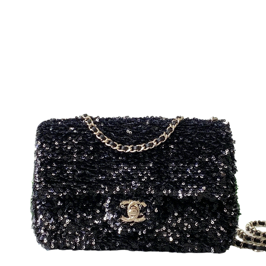Chanel Black Sequin - Embellished Handbag With Gold CC Logo And Chain Strap AS4561