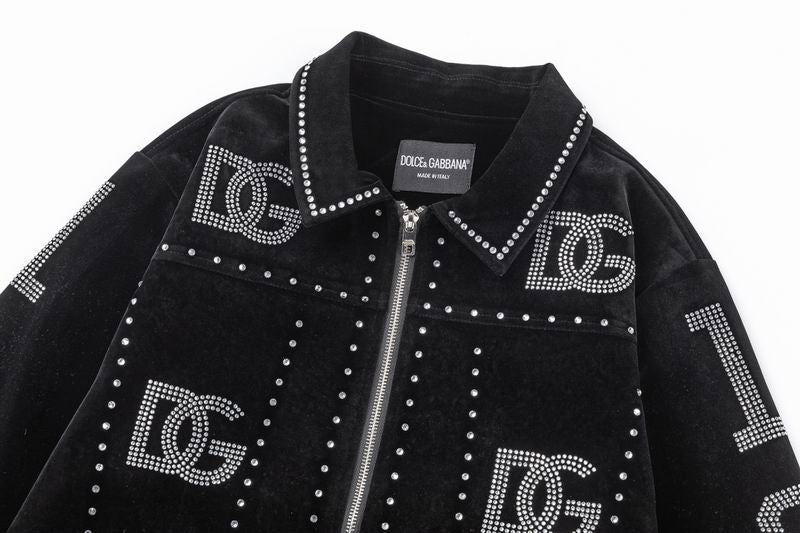Dolce Gabbana Black Velvet Jacket With Rhinestone Logos And Studs