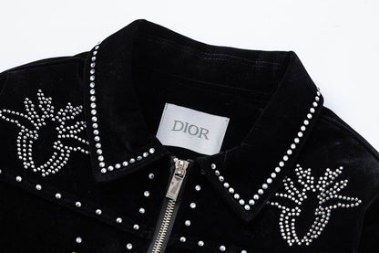 Dior Black Velvet Jacket With Rhinestone Embellishments And Brand Lettering