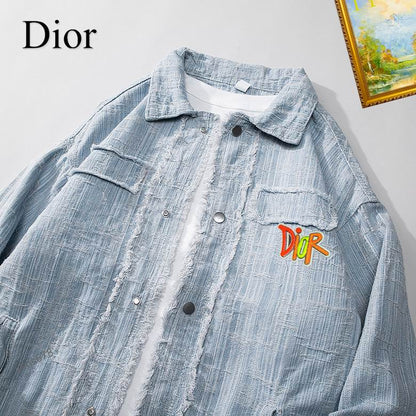 Dior Light Blue Distressed Denim Jacket With Colorful Embroidered Logo