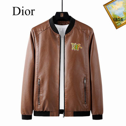 Dior Black Leather Bomber Jacket With Colorful Embroidered Logo