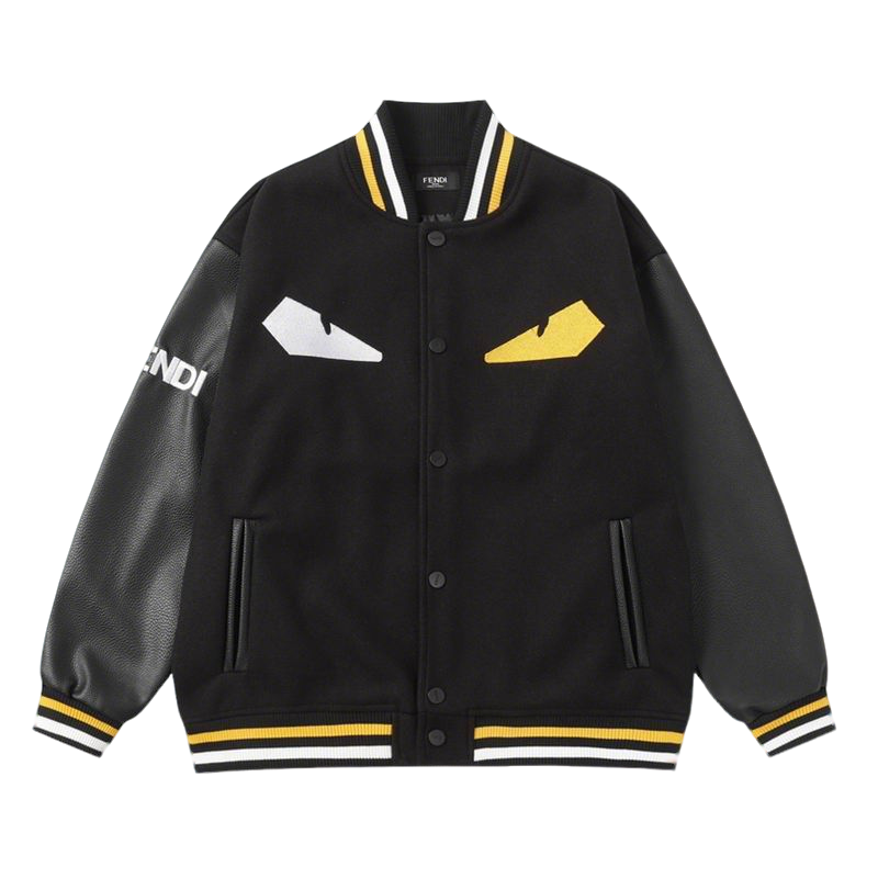 Fendi Black Varsity Jacket With Leather Sleeves And Iconic Eye Motif