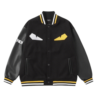 Fendi Black Varsity Jacket With Leather Sleeves And Iconic Eye Motif