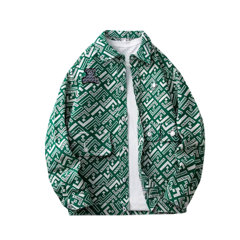 Fendi Green Patterned Shirt Jacket With Bear Patch And Geometric Design