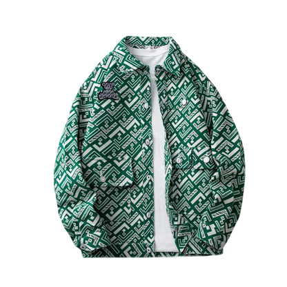 Fendi Green Patterned Shirt Jacket With Bear Patch And Geometric Design