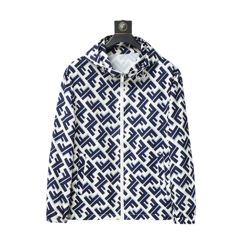 Fendi Blue And White Hooded Jacket With Signature FF Monogram Print